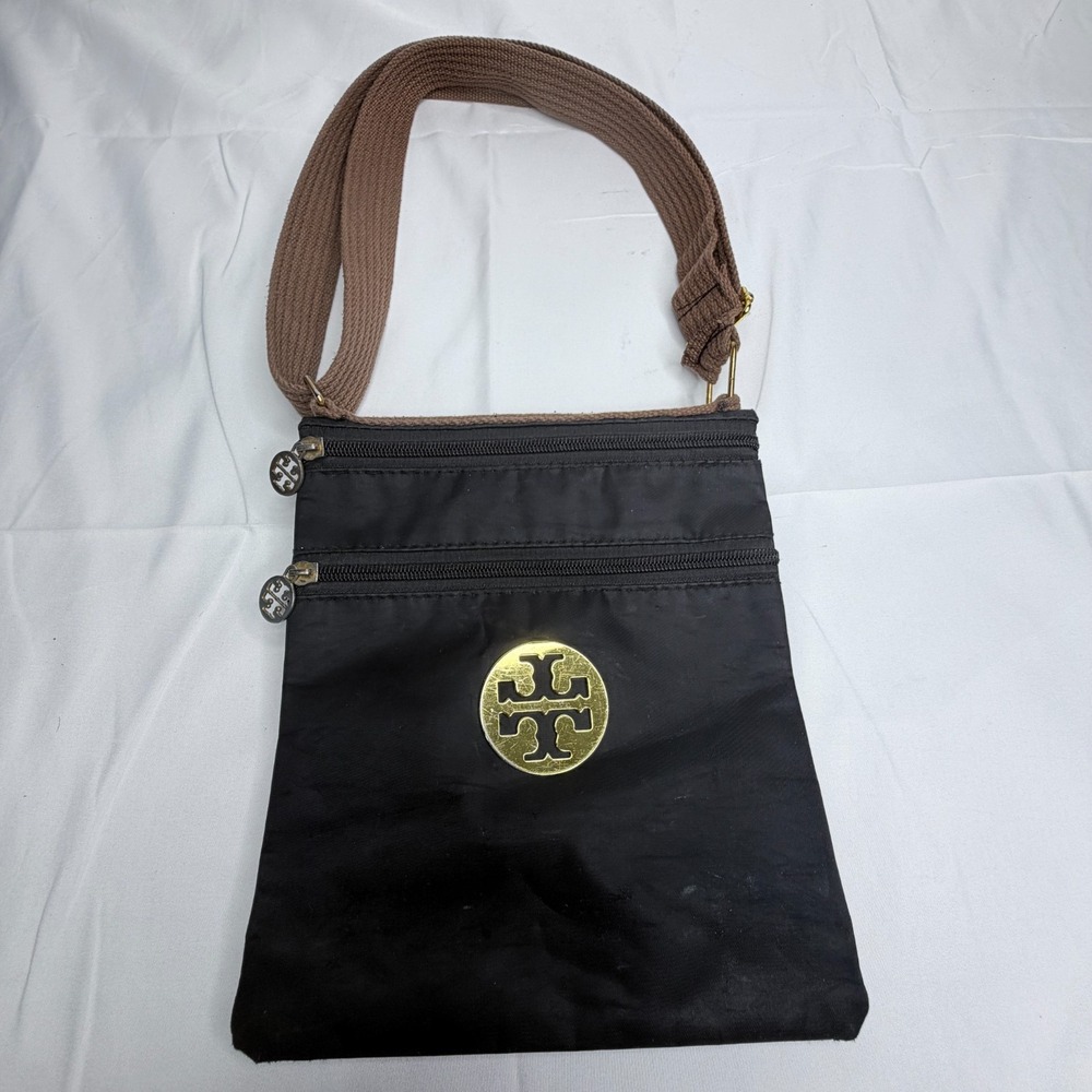 Tory Burch Black Nylon Crossbody Shoulder Bag Brown Strap Gold Logo Purse